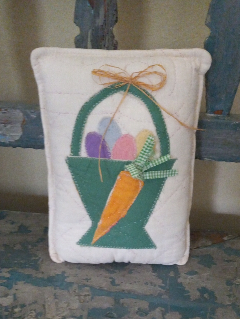 Easter Basket Quilted Mini Accent Pillow with Carrot Accent - Green & Pastel